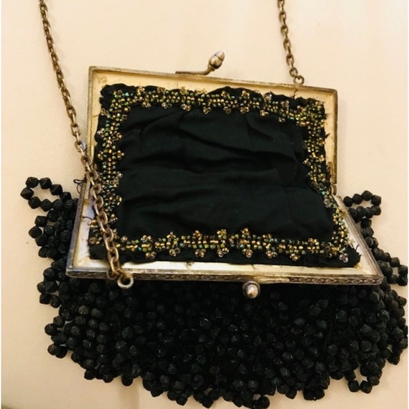 Flapper beaded black purse with Rhinestone silver frame &chain - Picture 2 of 6